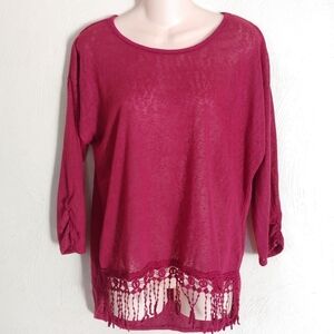 NOBO Burgundy Fringe Tassel Lace Trimmed Top with Ruched Sleeve Size Junior's XL